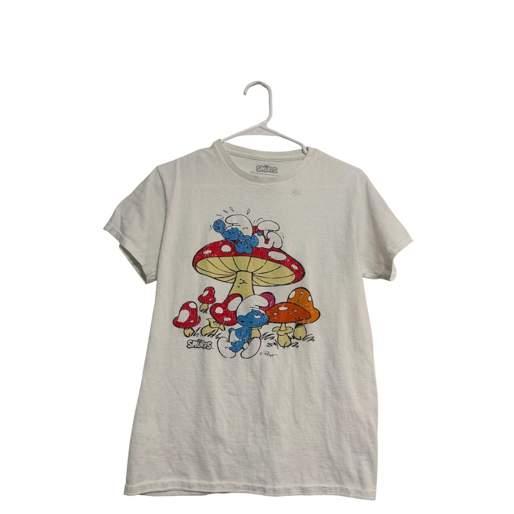 The Smurfs Graphic Tee Mushroom Retro White Short Sleeve T-Shirt Size S